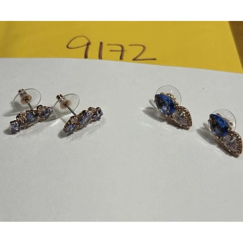 2Pc Blue Crystal Earrings Lot Rose Gold Tone Studs Elegant Gift Jewelry